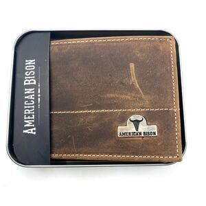 American Bison Bifold Wallet Men Distressed Brown Genuine Leather Western NIB